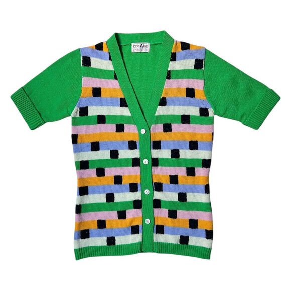 70s vintage short sleeve cardigan top preppy pattern buttonup sweater Collage. - Picture 1 of 6